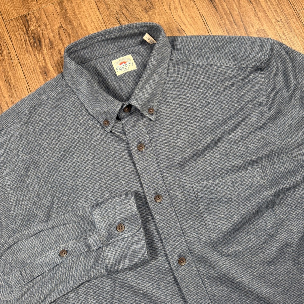 Faherty Coastline Knit Shirt Mens L Blue Micro Check Supima Lyocell Long Sleve